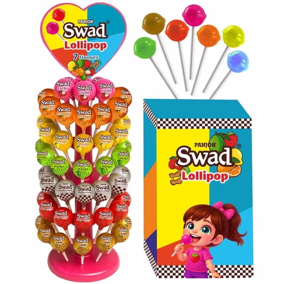Panjon Swad Assorted Lollipop Tree 84 Count Hard Candy Lollipops, 7 Fruit & Tangy Flavors, Party Candy Variety Pack