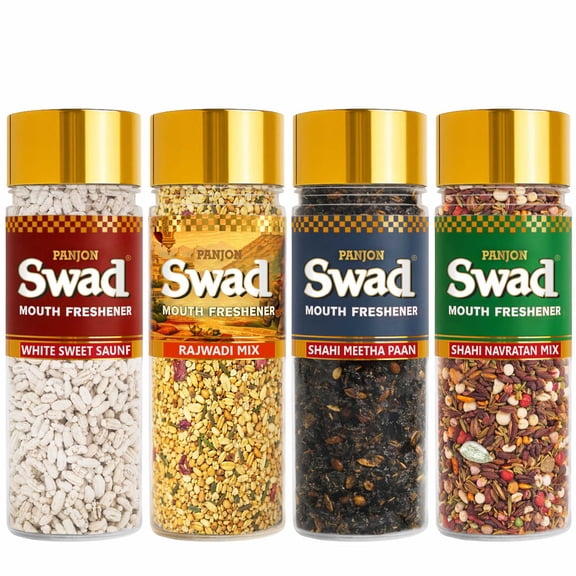 Panjon Swad Mouth Freshener Mix  White Sweet Saunf, Rajwadi Mix, Meetha Paan & Shahi Navaratan Mix | Traditional Indian Flavors 4 bottle
