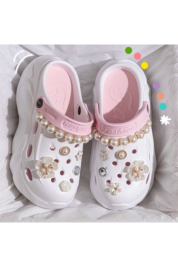 Pearl Chain Chunky Platform Sandals for Women 2024 Summer Thick Sole Beach Sandals Woman Flowers Non Slip EVA Clogs Garden Shoes