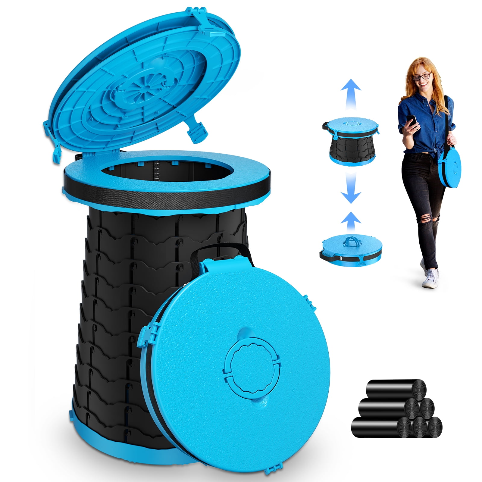 Panmout XXL Portable Toilet - 19.7"H Adjustable Foldable Camping Toilet with Strap and Toilet Bag, Luggable Loo with Lid for Camping, Hiking, Travel and Car