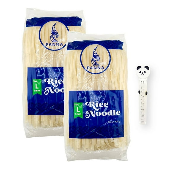Panna Premium Thai Rice Stick Noodles L (5mm) Dried 100% Natural Gluten Free Halal 400 G. X 2 with Animal Design Storage Bag Clip with Calendar System (3-Pc Set)