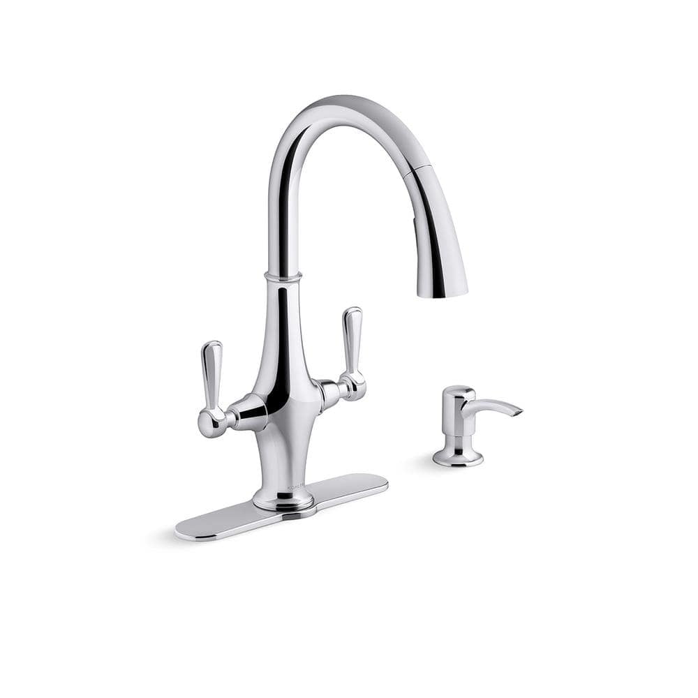 Polished Chrome Double Handle Pull Down Kitchen Faucet with Spray