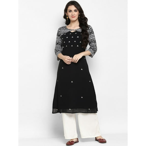 Pannkh Women's Black Knitted Embroidered Kurta