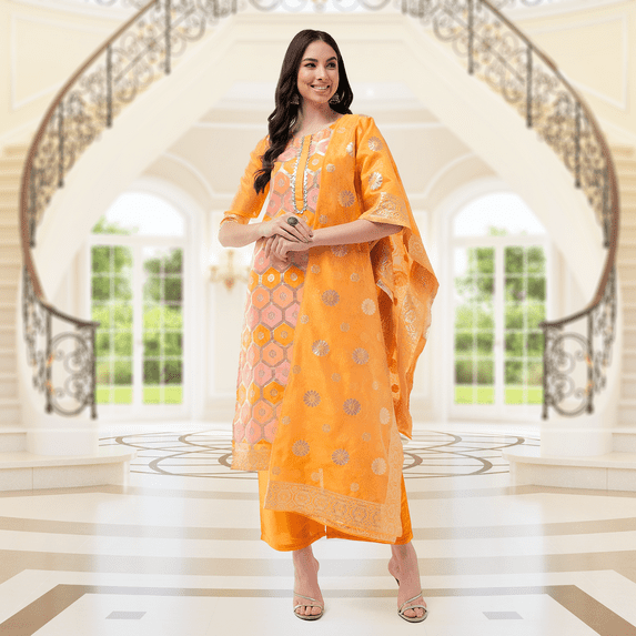 Pannkh Women's Brocade Jaquard Festive Kurta With Dupatta And Matching Pants