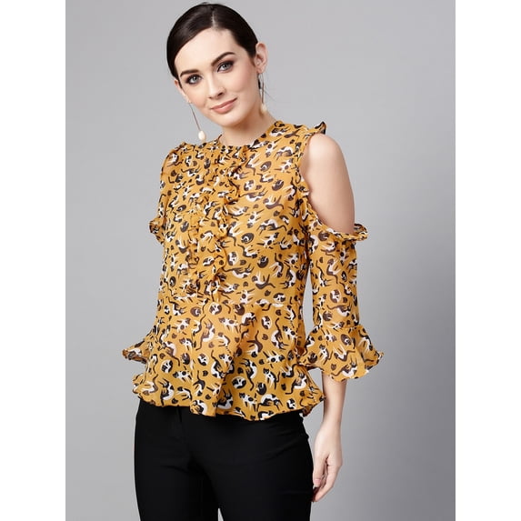 Pannkh Women's Cat Print Ruffled Top