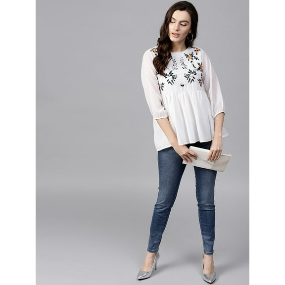 Pannkh Women's Floral Embroidered Sheer Top