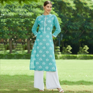 Pannkh Women's Lotus Printed Chambray Kurta