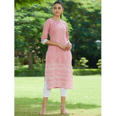 Pannkh Women's Madhubani Block Printed Chambray Kurta