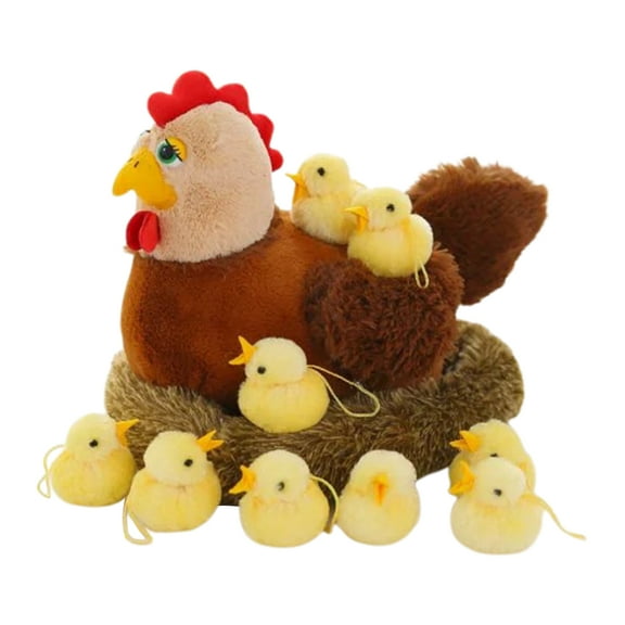 Pannow 13.8inch Chicken Mommy Farm Hen Plush with Henhouse Plushie with 10 Little Baby Chicks Toys Gifts Surprise for Kids Birthday Party