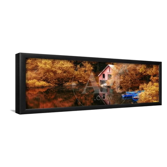 Panorama Landscape Stunning Vibrant Autumn Scene Boat Lake and Boathouse, Framed Art Print Wall Art by Veneratio Sold by Art.Com