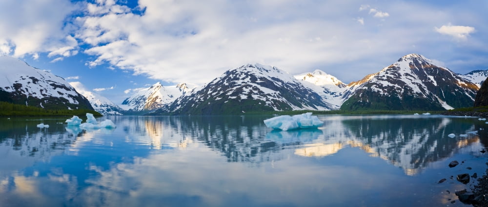 Panorama Scenic Of Portage Lake With Icebergs And Chugach Mountains Reflecting Southcentral Alaska Canvas Art - Michael DeYoung Design Pics (21 x 9)