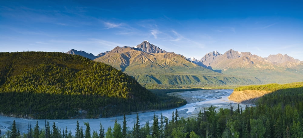 Panorama View Of The Matanuska River And Chugach Mountains Below Hicks Creek At Sunset In Southcentral Alaska Canvas Art - Michael DeYoung Design Pics (44 x 20)