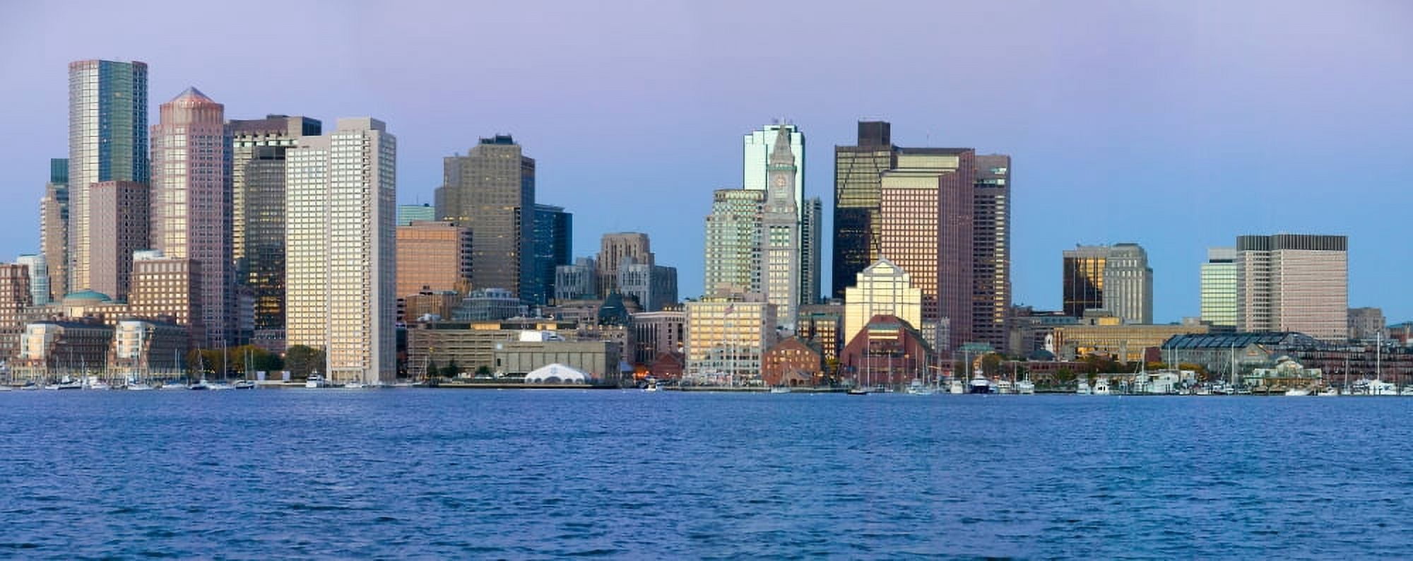 Panoramic of Boston Harbor and the Boston skyline at sunrise as seen from South Boston Massachusetts New England Canvas Art - Panoramic Images (27 x 9)