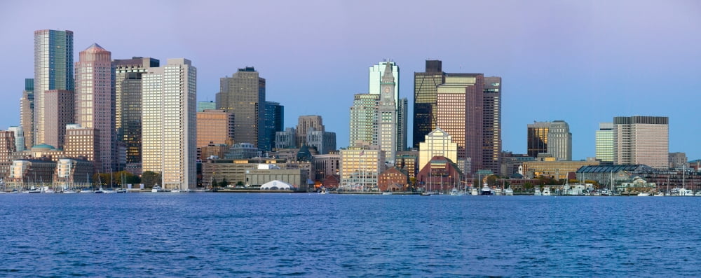 Panoramic of Boston Harbor and the Boston skyline at sunrise as seen from South Boston Massachusetts New England Canvas Art - Panoramic Images (36 x 12)