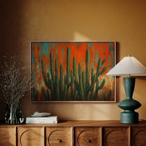 Panoramic Cactus Wall Art – Teal And Burnt Orange Desert Print For Bold Western Or Boho Home Décor Wall Art, Modern Wall Decor, 8x12 UNFRAMED