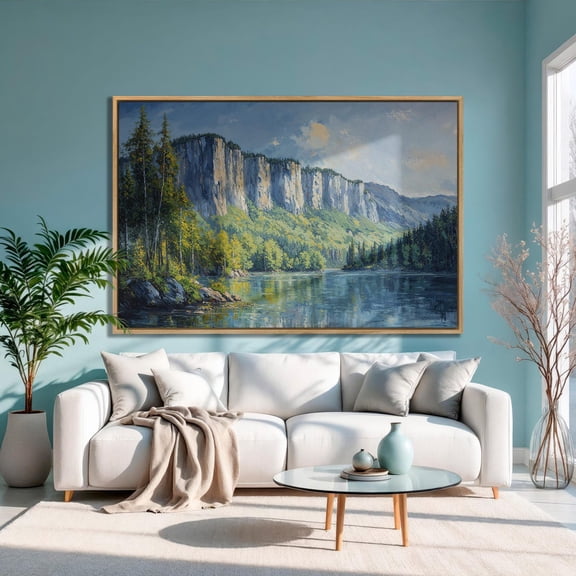 Panoramic Green Forest Print Mountain Lake Landscape Poster Decor For Living Room Bedroom, Unframed Canvas Size 24x36