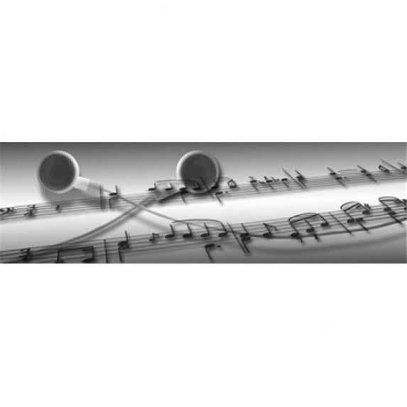 Panoramic Images PPI132253L Music notes superimposed on ear phones Poster Print by Panoramic Images - 36 x 12