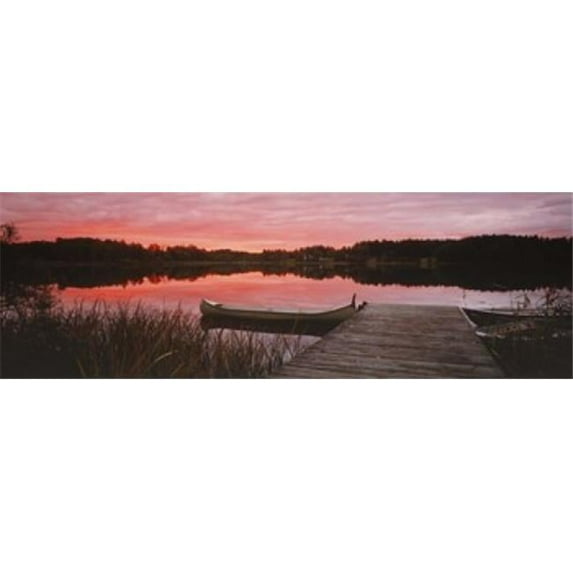 Panoramic Images PPI137102L Canoe tied to dock on a small lake at sunset Sweden Poster Print by Panoramic Images - 36 x 12