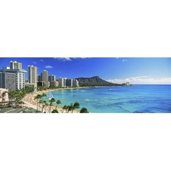 Panoramic Images PPI137127L Palm trees on the beach Diamond Head Waikiki Beach Oahu Honolulu Hawaii USA Poster Print by Panoramic Images - 36 x 12