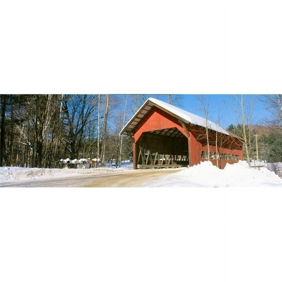 Panoramic Images PPI159983S Covered Bridge Stowe Winter Vermont Poster Print, 27 x 9
