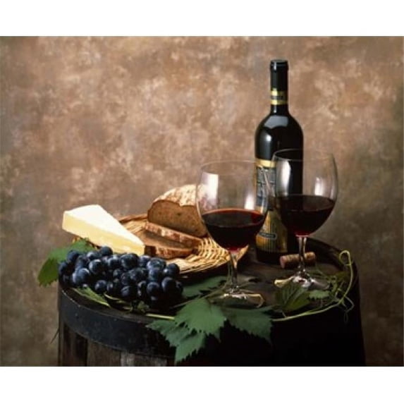Panoramic Images Still life of wine bottle wine glasses cheese and purple grapes on top of barrel Poster Print by Panoramic Images - 36 x 30