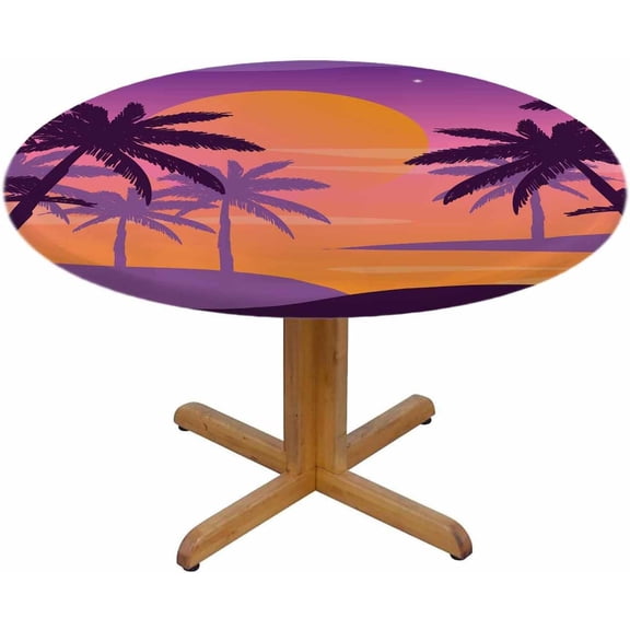Panoramic Landscape Round Tablecloth Cartoon Sunset Colourful Palms Table Cover Table Cloth For Indoor Dining, Outdoor Picnic Parties, Camping ,Fits For Table 40-44" Inches