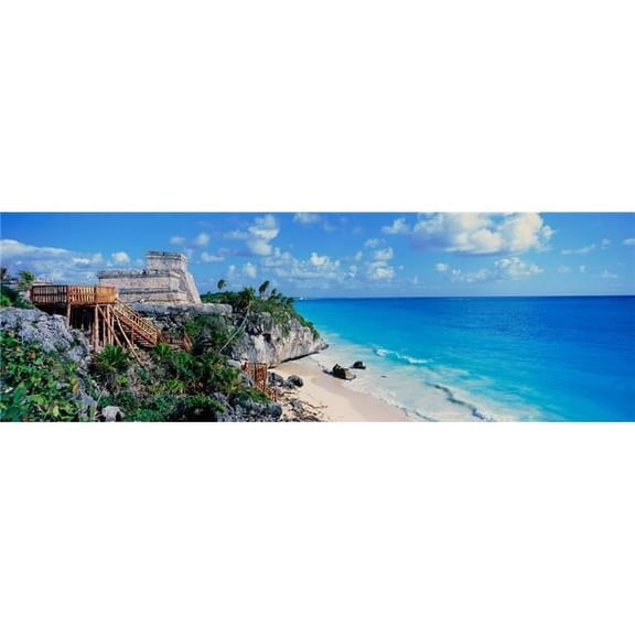 A Panoramic of Mayan Ruins of Ruinas De Tulum, Tulum Ruins & El Castillo At Sunset with Beach & Caribbean Sea in Quintana Roo Yucatan Peninsula Mexico Poster Print, 36 x 12