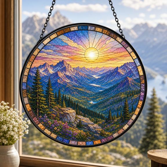Panoramic Mountain Stained Glass Window Hanging Suncatcher Scenic Glass Art Gift