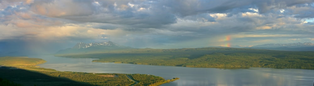 Panoramic Of An Approaching Storm And With A Rainbow In Background At Sunset Teslin Lake Yukon Canvas Art - Robert Postma Design Pics (27 x 7)