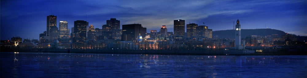 Panoramic Of Skyline At Dusk Montreal Quebec Canvas Art - Roderick Chen Design Pics (29 x 7)