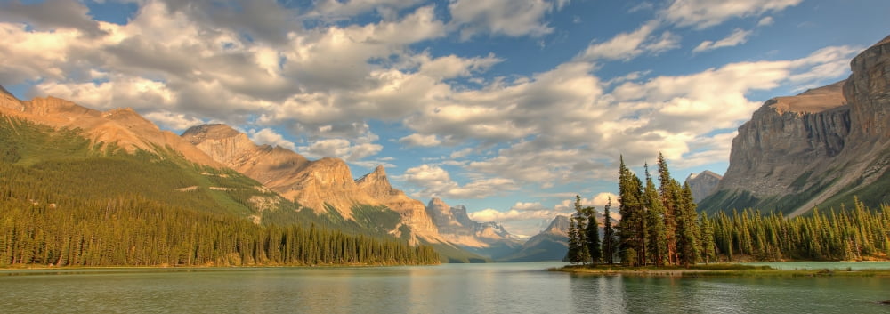 Panoramic Of Spirit Island On Maligne Lake Jasper National Park Alberta Canvas Art - Robert Postma Design Pics (23 x 8)