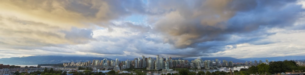 Panoramic Of Sunset Over DowntownVancouver British Columbia Canada Canvas Art - Robert Postma Design Pics (43 x 10)