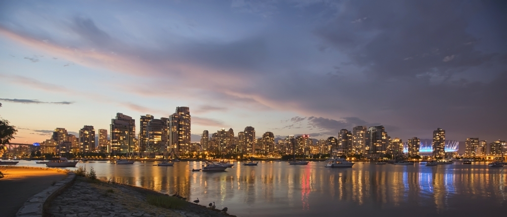 Panoramic Of Sunset Over False Creek And City SkylineVancouver British Columbia Canada Canvas Art - Robert Postma Design Pics (44 x 20)