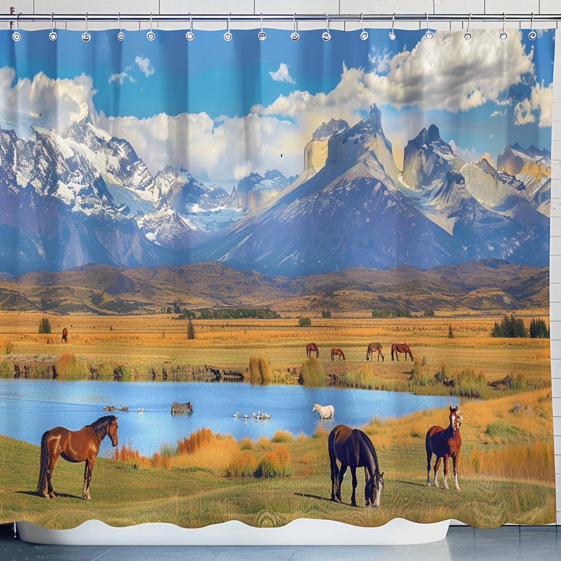 Panoramic Patagonia Mountain View Shower Curtain Majestic Scapped Peaks Horses Grazing and