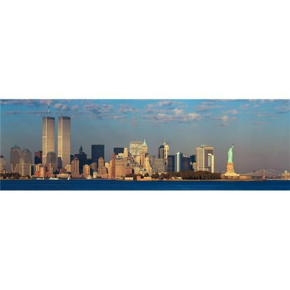 Panoramic Sunset View of World Trade Towers Statue of Liberty Brooklyn Bridge & Manhattan Ny Skyline Poster Print