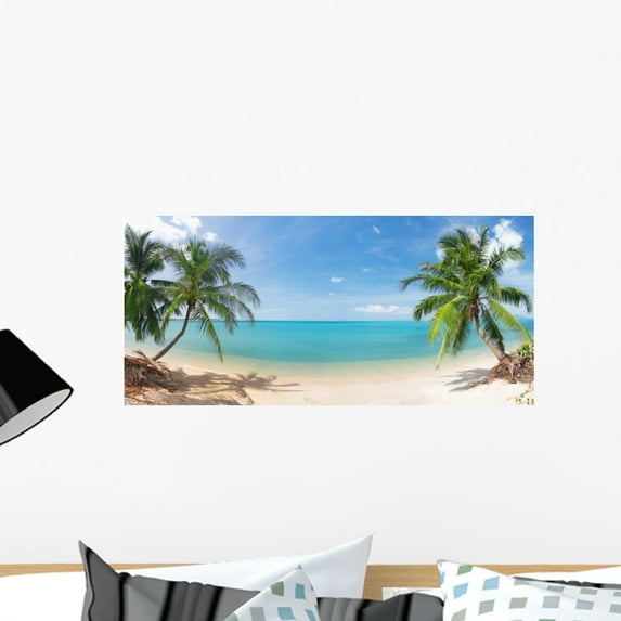 Panoramic Tropical Beach with Wall Mural by Wallmonkeys Peel and Stick Graphic (24 in W x 11 in H) WM311695