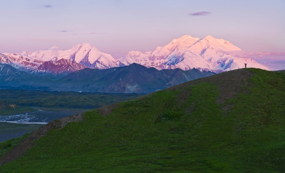 Panoramic View Of Hiker On Grassy Pass Watcing The Sunrise On Thorofare River And Mt Mckinley Denali National Park & Preserve Interior Alaska Summer Canvas Art - Michael DeYoung Design Pics (40 x 24)