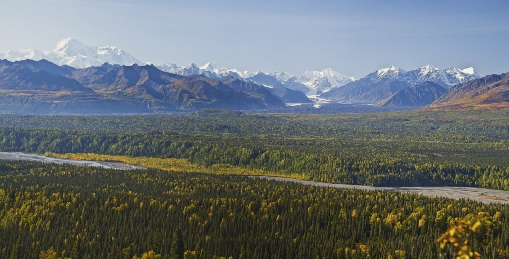 Panoramic View Of Mt Mckinley Chulitna River And Eldridge Glacier Autumn Southcentral Alaska Canvas Art - Jeff Schultz Design Pics (42 x 22)