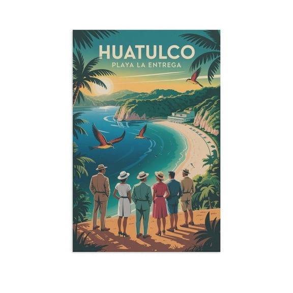 Panoramic View Poster Playa La Entrega Mexico Vintage Retro Travel Wall Art Tropical Coastal Bay Canvas Poster