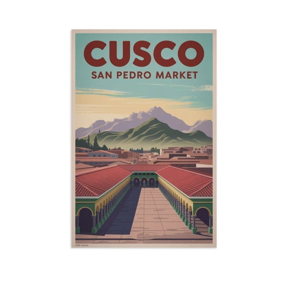 Panoramic Wall Art San Pedro Market Peru Retro Travel Poster Cusco Andean Mountain Design Canvas Poster