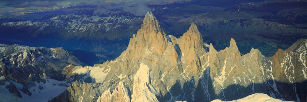 Panoramic aerial view at 3400 meters of Mount Fitzroy Cerro Torre Range and Andes Mountains Patagonia Argentina Canvas Art - Panoramic Images (27 x 9)