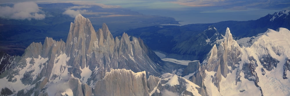 Panoramic aerial view at 3400 meters of Mount Fitzroy Cerro Torre Range and Andes Mountains Patagonia Argentina Canvas Art - Panoramic Images (27 x 9)