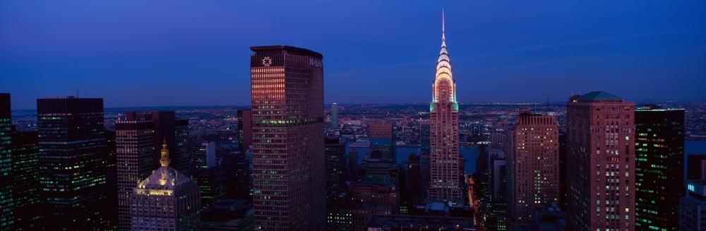 Panoramic aerial view of Chrysler Building and Met Life Building Manhattan NY skyline Canvas Art - Panoramic Images (27 x 9)