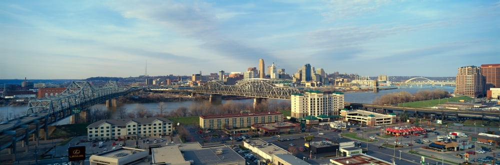 Panoramic afternoon shot of Cincinnati skyline Ohio and Ohio River as seen from Covington KY Canvas Art - Panoramic Images (27 x 9)