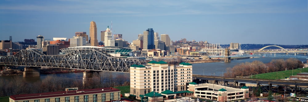 Panoramic afternoon shot of Cincinnati skyline Ohio and Ohio River as seen from Covington KY Canvas Art - Panoramic Images (36 x 12)