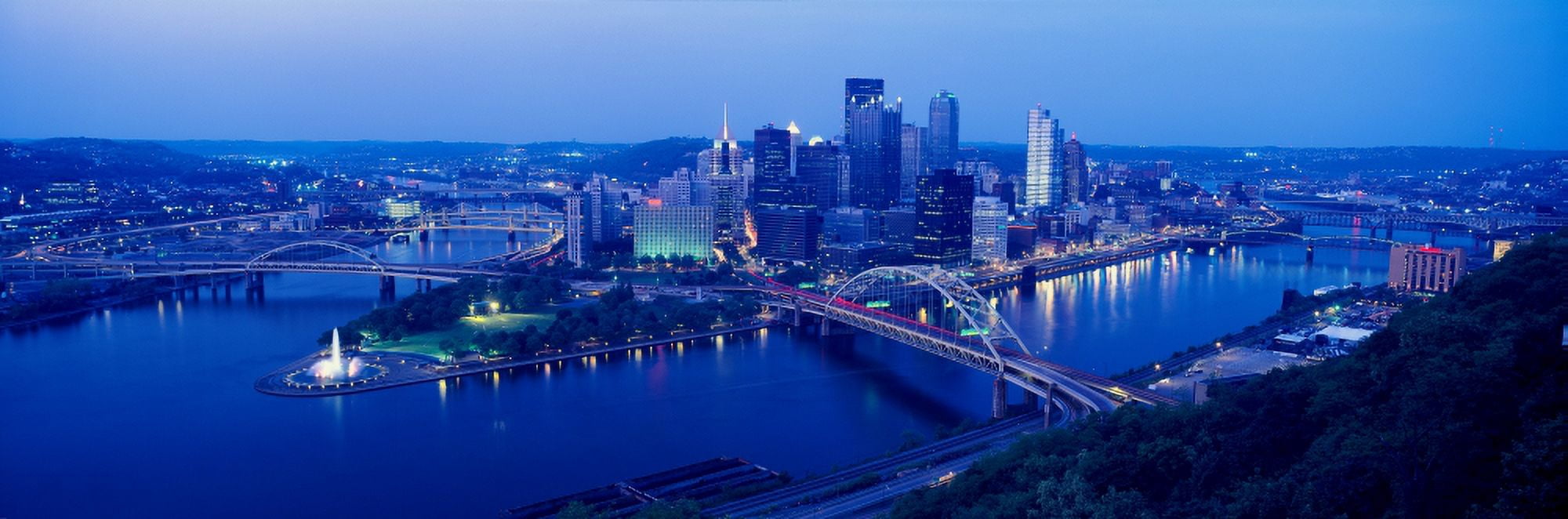 Panoramic evening view of Pittsburgh PA with West End Bridge and Allegheny Monongahela and Ohio Rivers Canvas Art - Panoramic Images (36 x 12)