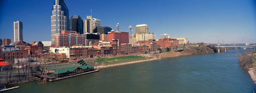 Panoramic morning view of Cumberland River and Nashville TN Canvas Art - Panoramic Images (27 x 9)