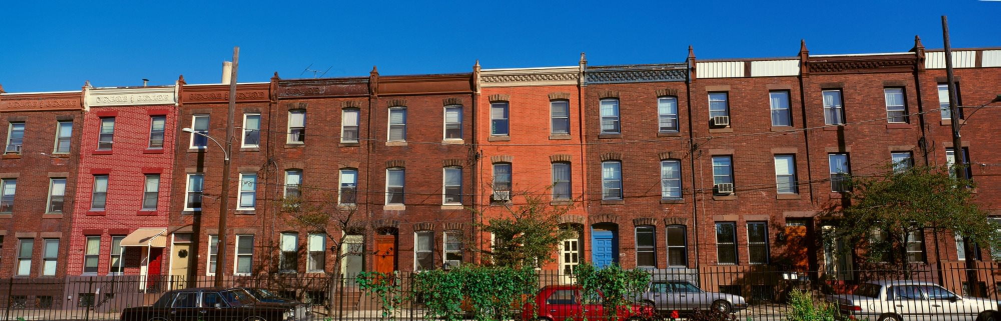 Panoramic morning view of red brick row houses of Philadelphia PA Canvas Art - Panoramic Images (27 x 9)