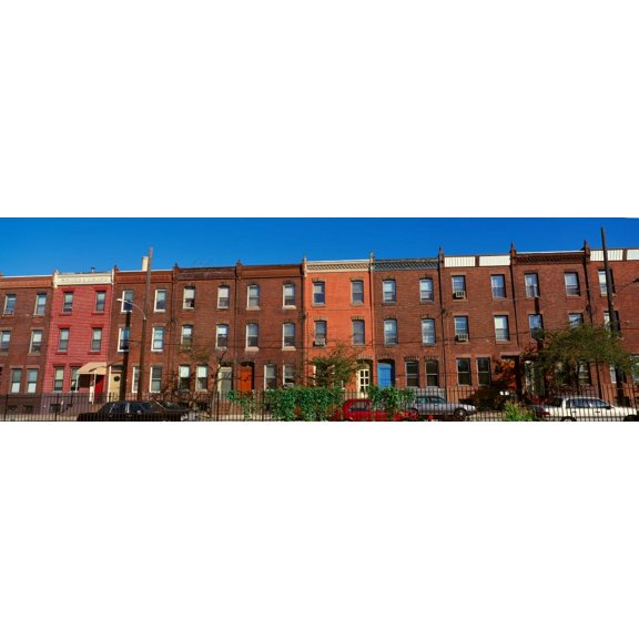 Panoramic morning view of red brick row houses of Philadelphia PA Canvas Art - Panoramic Images (36 x 12)