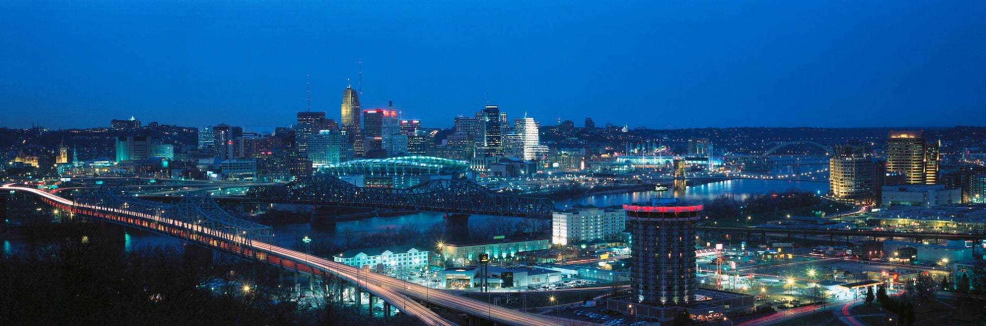 Panoramic night shot of Cincinnati skyline and lights Ohio and Ohio River as seen from Covington KY Canvas Art - Panoramic Images (36 x 12)